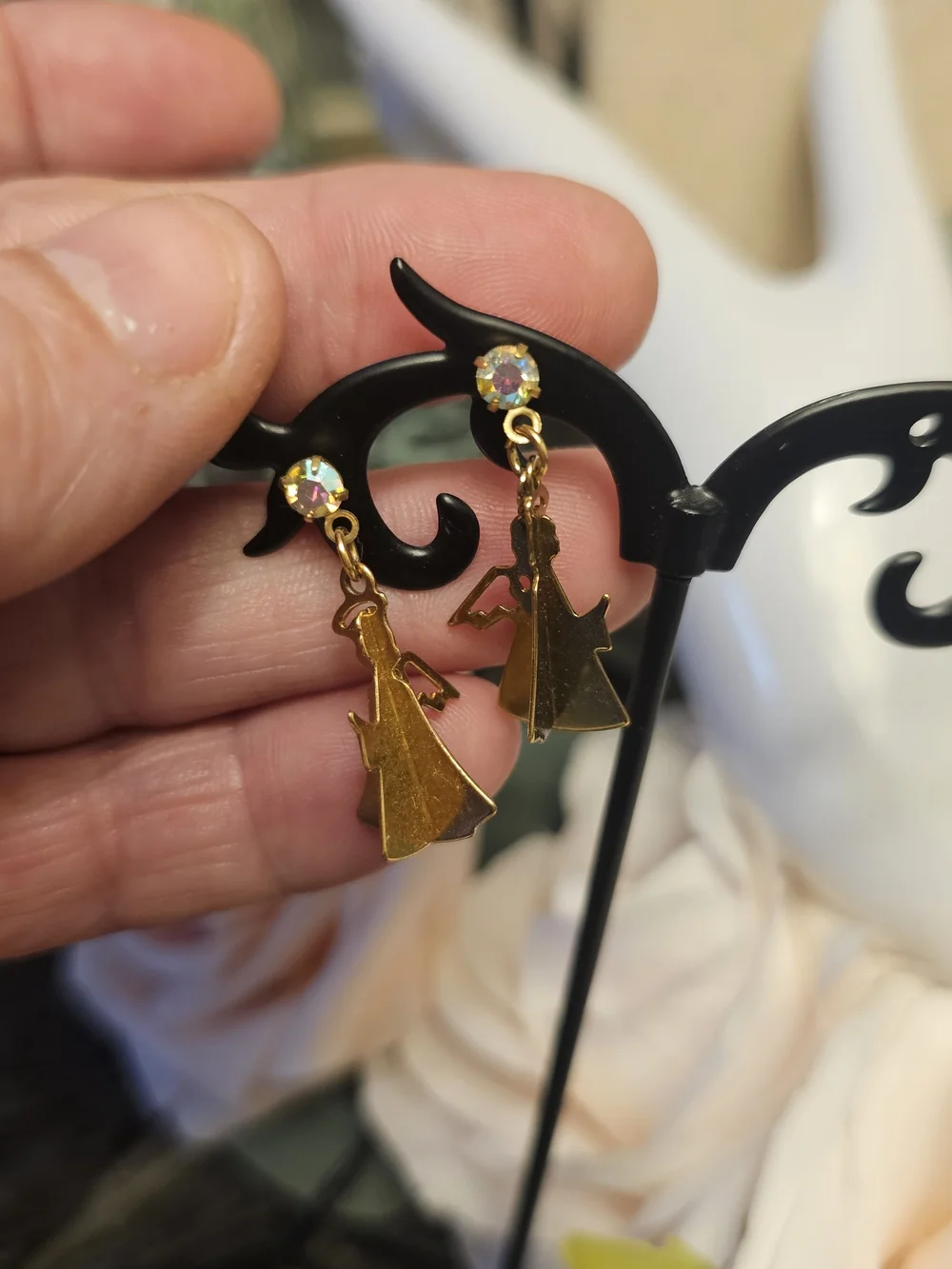Older Gold  Angel Drop Earrings with Aurora Crystal Studs